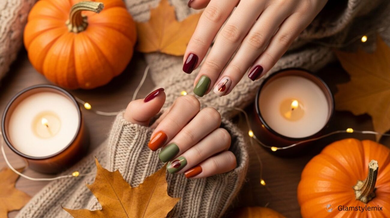Hands with cozy fall nail designs in burgundy, olive green, orange, and beige tones, surrounded by pumpkins, candles, and autumn leaves on a warm knitted sweater background.